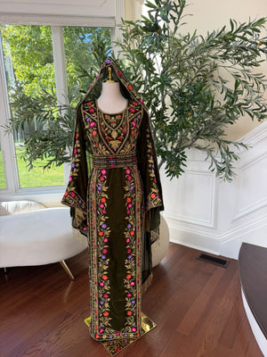 Olive Green Velvet Palestinian Embroidered Thobe with Multicolor Tatreez 
( scarf not included)