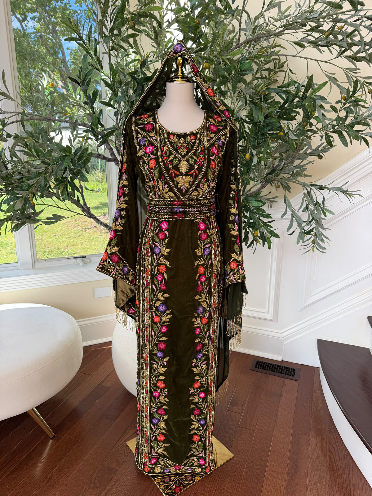 Olive Green Velvet Palestinian Embroidered Thobe with Multicolor Tatreez 
( scarf not included)