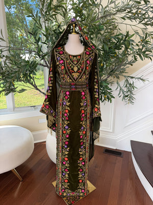 Olive Green Velvet Palestinian Embroidered Thobe with Multicolor Tatreez 
( scarf not included)