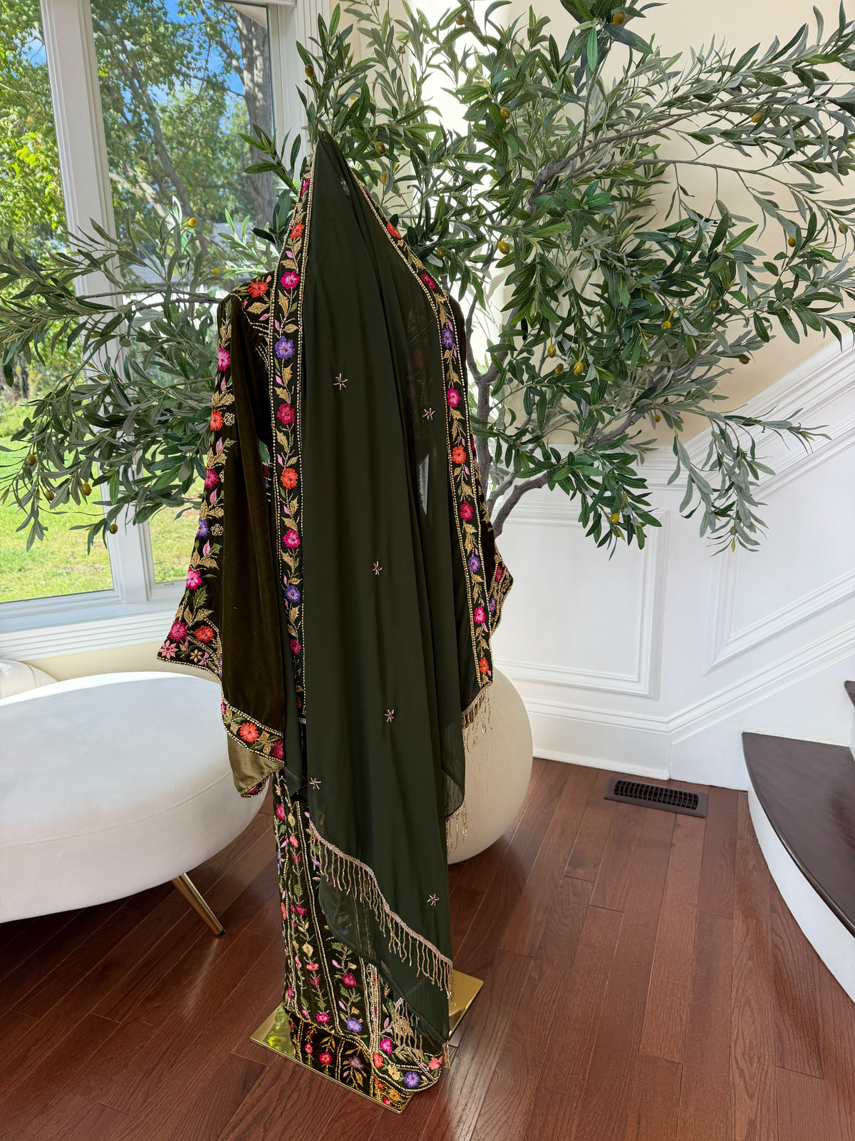 Olive Green Velvet Palestinian Embroidered Thobe with Multicolor Tatreez 
( scarf not included)