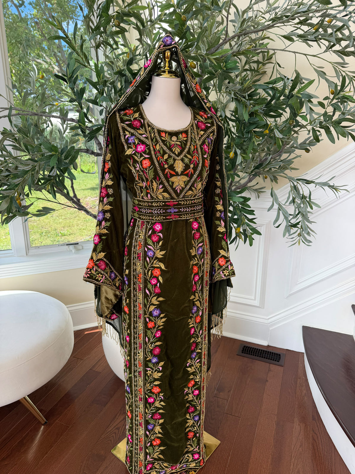 Olive Green Velvet Palestinian Embroidered Thobe with Multicolor Tatreez 
( scarf not included)