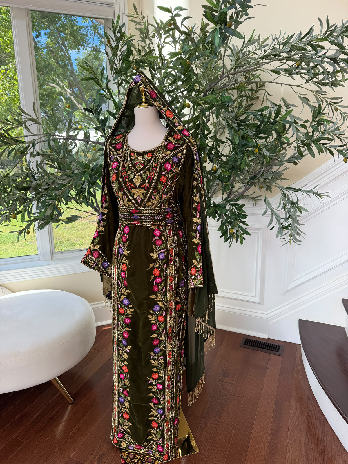 Olive Green Velvet Palestinian Embroidered Thobe with Multicolor Tatreez 
( scarf not included)