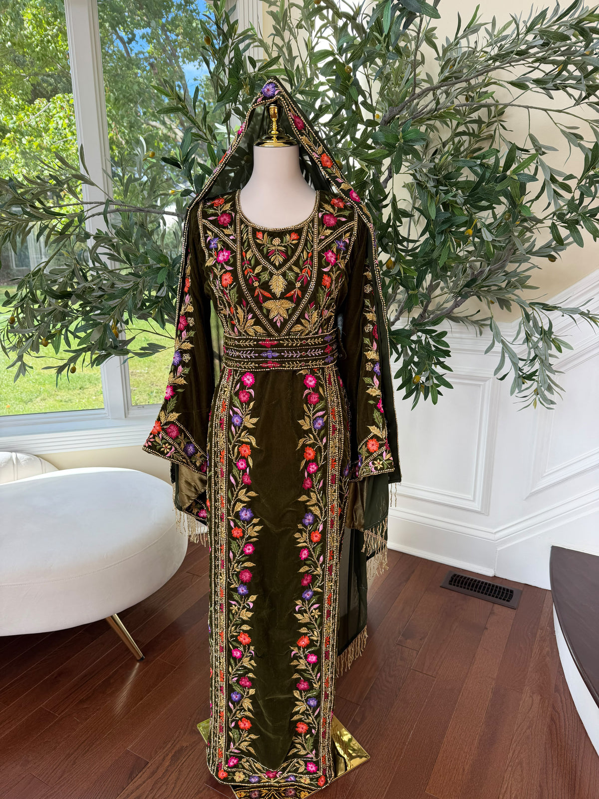 Olive Green Velvet Palestinian Embroidered Thobe with Multicolor Tatreez 
( scarf not included)