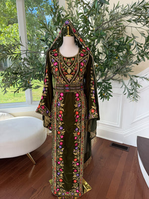 Olive Green Velvet Palestinian Embroidered Thobe with Multicolor Tatreez 
( scarf not included)