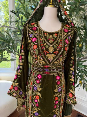 Olive Green Velvet Palestinian Embroidered Thobe with Multicolor Tatreez 
( scarf not included)