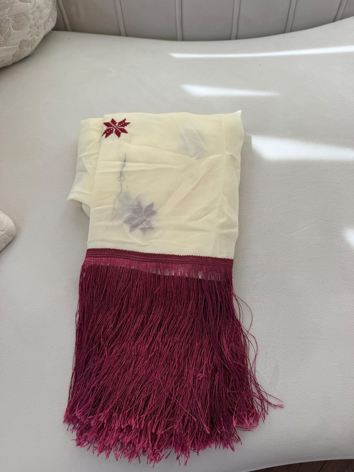 Cream & Burgundy Embroidered Fringe Scarf