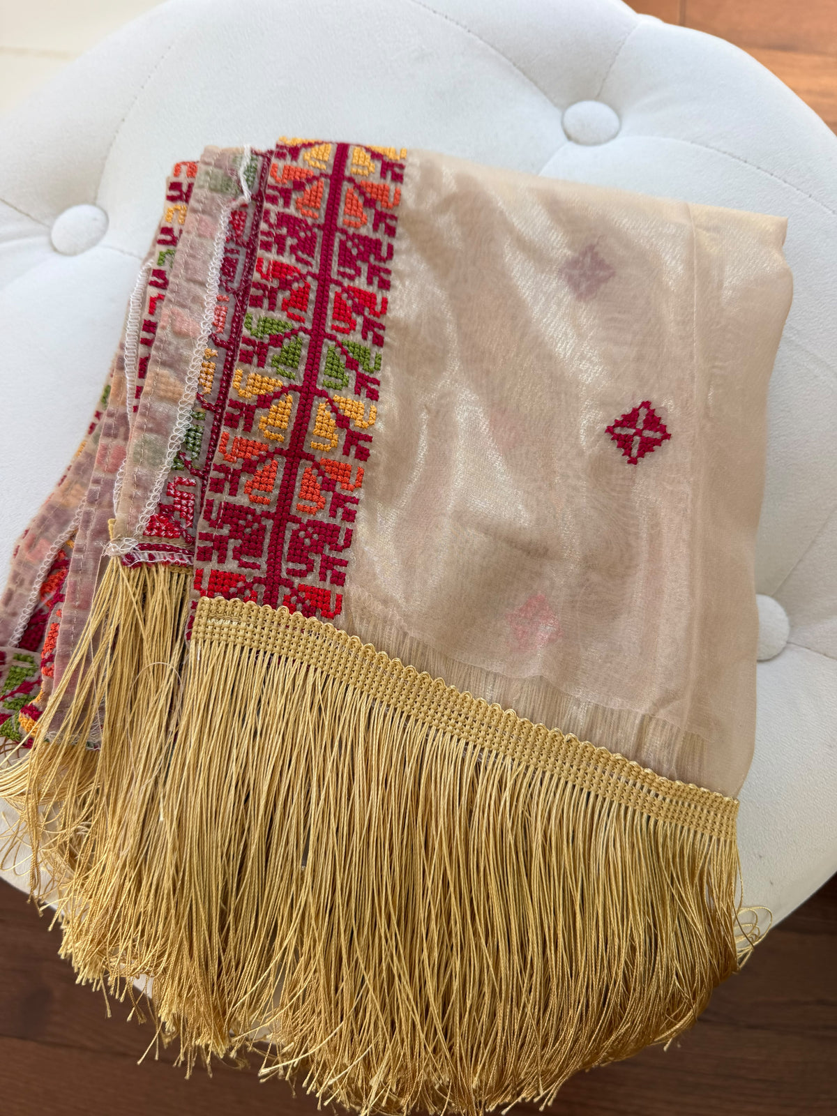 Elegant Cream Palestinian Embroidered Scarf/Shal with Gold Fringe