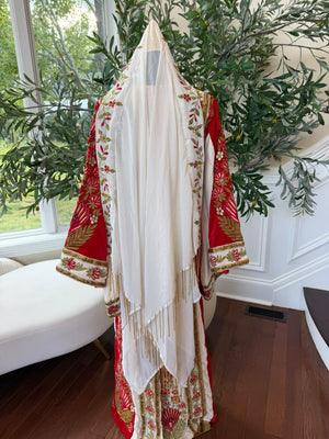 Elegant Cream Scarf with Red and Gold Floral Embroidery and Gold Fringe
