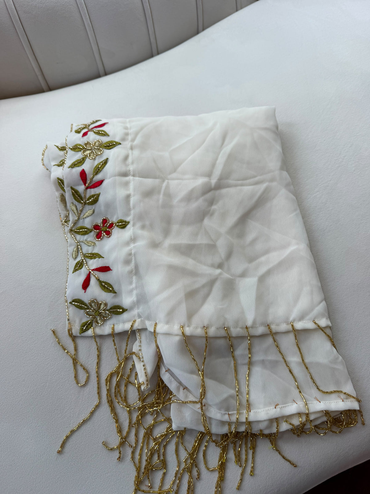 Elegant Cream Scarf with Red and Gold Floral Embroidery and Gold Fringe