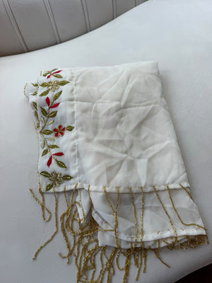 Elegant Cream Scarf with Red and Gold Floral Embroidery and Gold Fringe