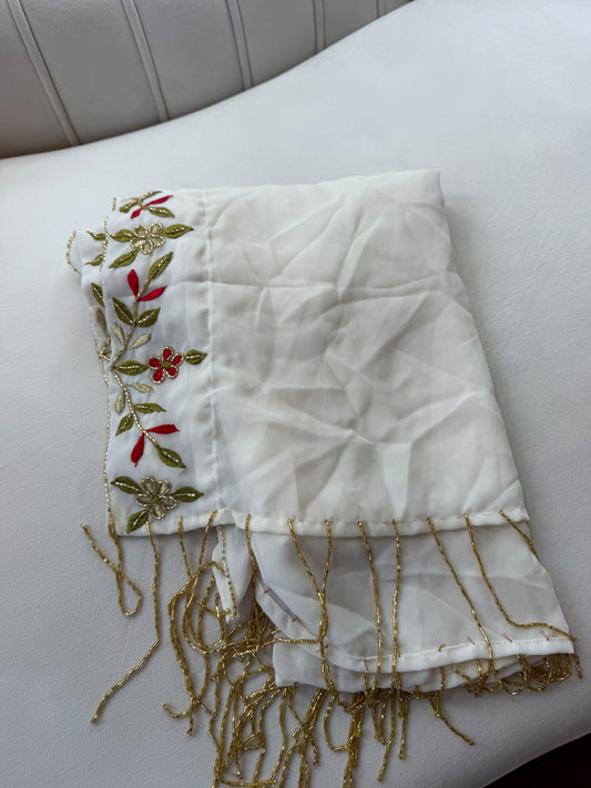Elegant Cream Scarf with Red and Gold Floral Embroidery and Gold Fringe