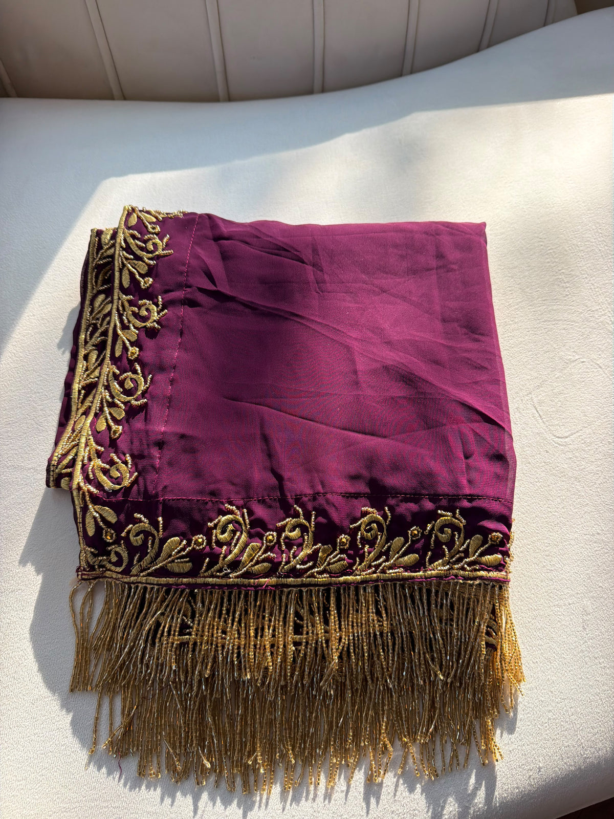 Elegant Deep Purple Scarf with Gold Floral Embroidery and Fringe