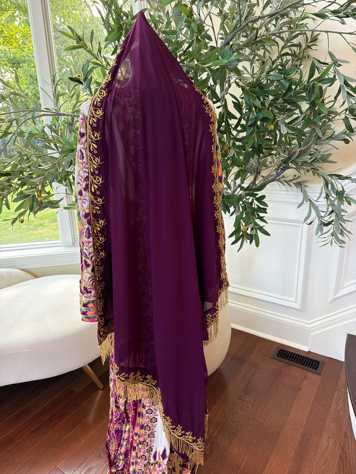 Elegant Deep Purple Scarf with Gold Floral Embroidery and Fringe