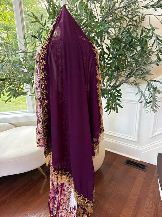 Elegant Deep Purple Scarf with Gold Floral Embroidery and Fringe