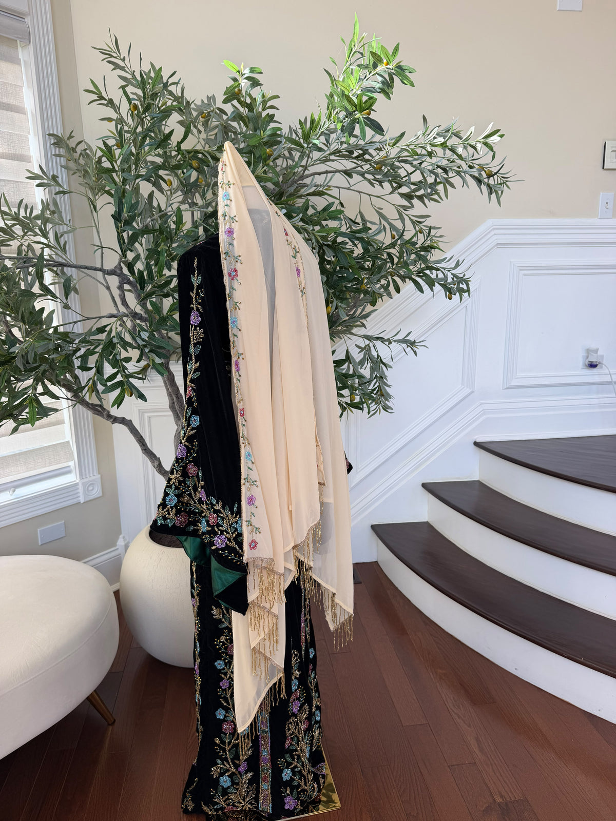 Elegant Cream Chiffon Shawl with Multicolor Floral Beading and Gold Fringe