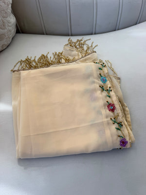 Elegant Cream Chiffon Shawl with Multicolor Floral Beading and Gold Fringe