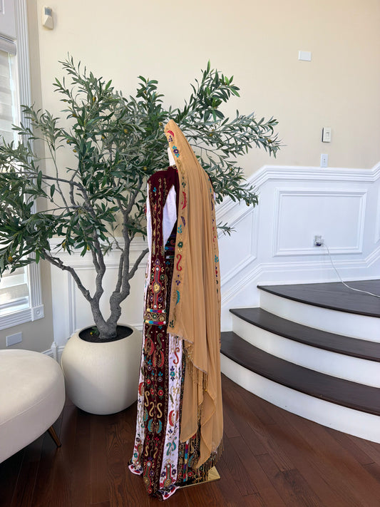 Elegant Golden Mustard Scarf with Colorful Floral Embroidery and Gold Beaded Fringe