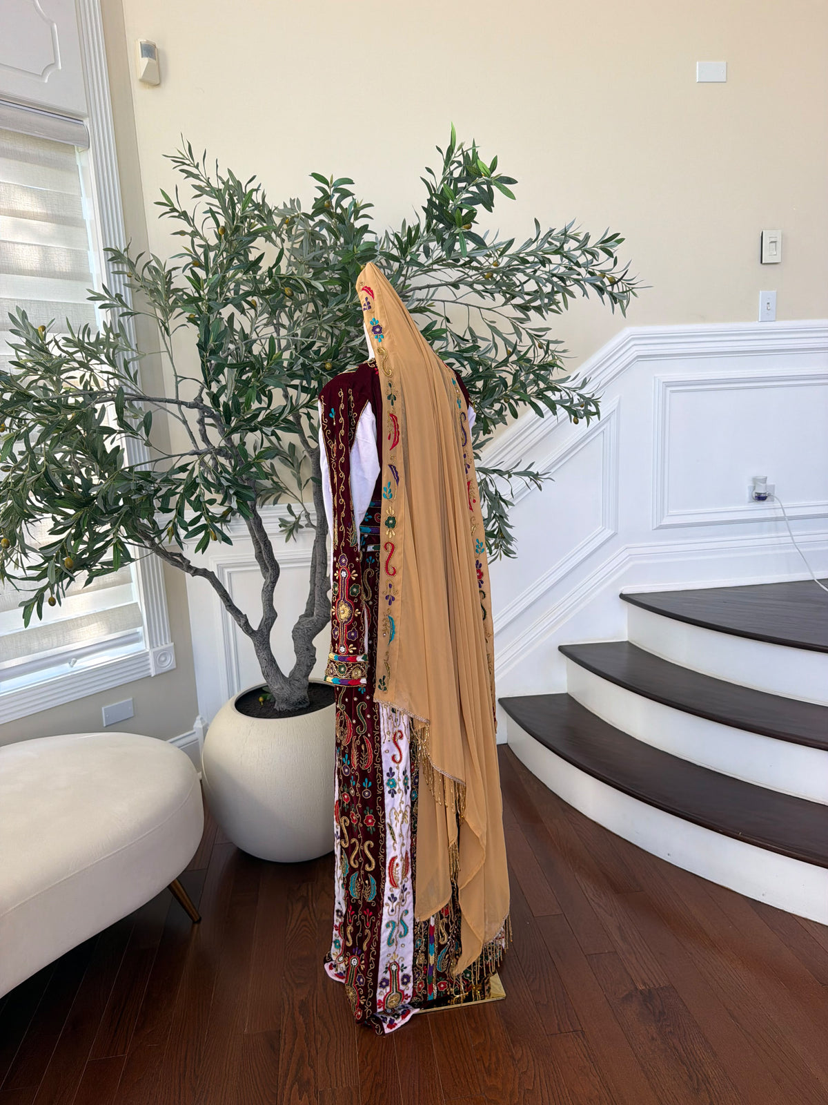 Elegant Golden Mustard Scarf with Colorful Floral Embroidery and Gold Beaded Fringe