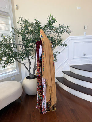 Elegant Golden Mustard Scarf with Colorful Floral Embroidery and Gold Beaded Fringe