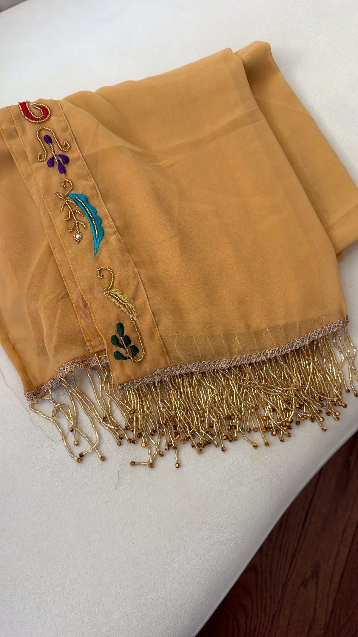 Elegant Golden Mustard Scarf with Colorful Floral Embroidery and Gold Beaded Fringe
