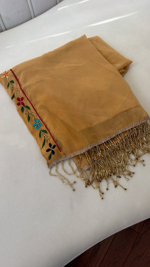 Elegant Golden Mustard Scarf with Colorful Floral Embroidery, Red Trim, and Gold Beaded Fringe
