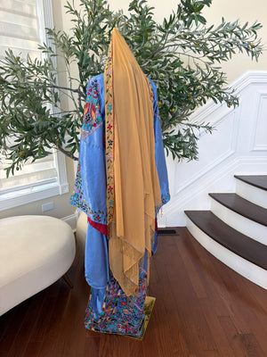 Elegant Golden Mustard Scarf with Colorful Floral Embroidery, Red Trim, and Gold Beaded Fringe