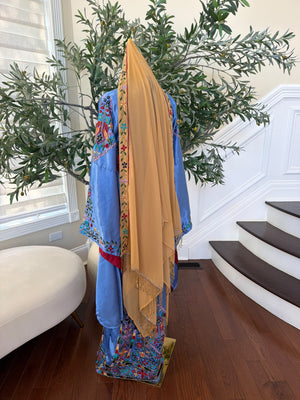 Elegant Golden Mustard Scarf with Colorful Floral Embroidery, Red Trim, and Gold Beaded Fringe