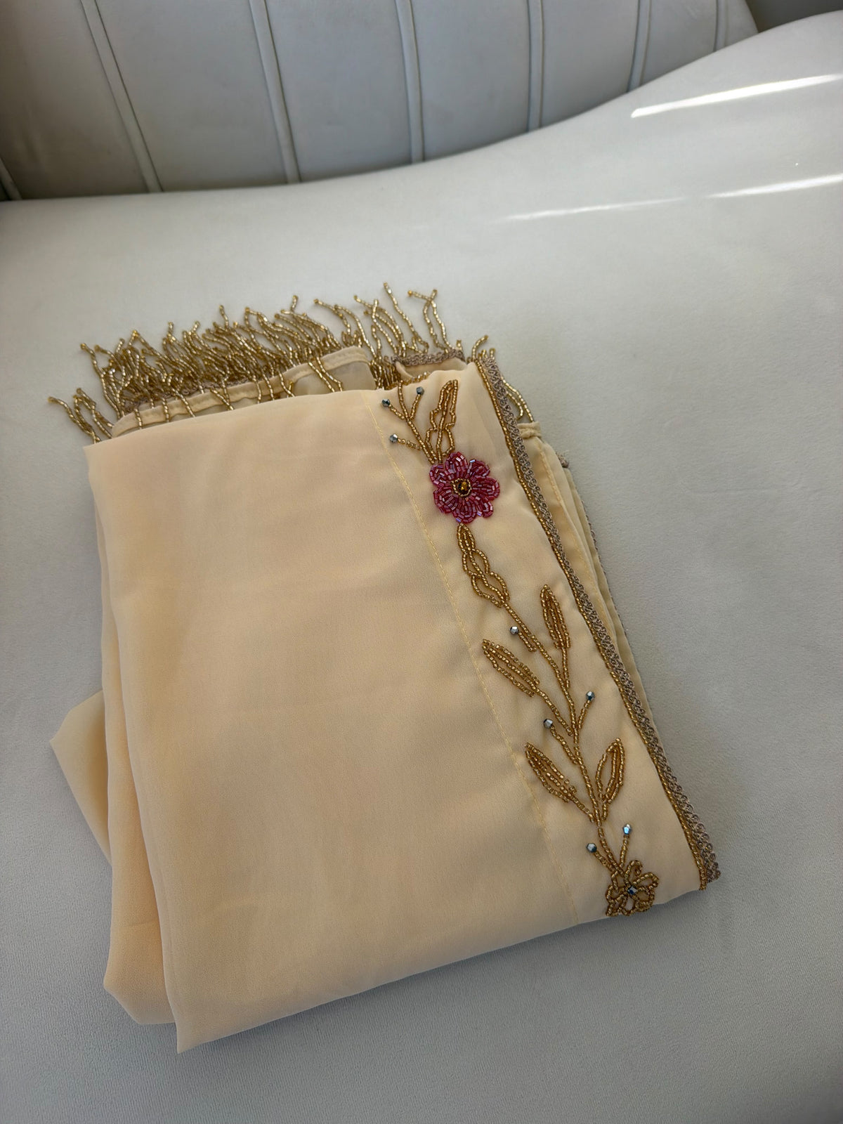 Elegant Cream Scarf with Pink Floral Beadwork, Gold Embroidery, and Gold Beaded Fringe