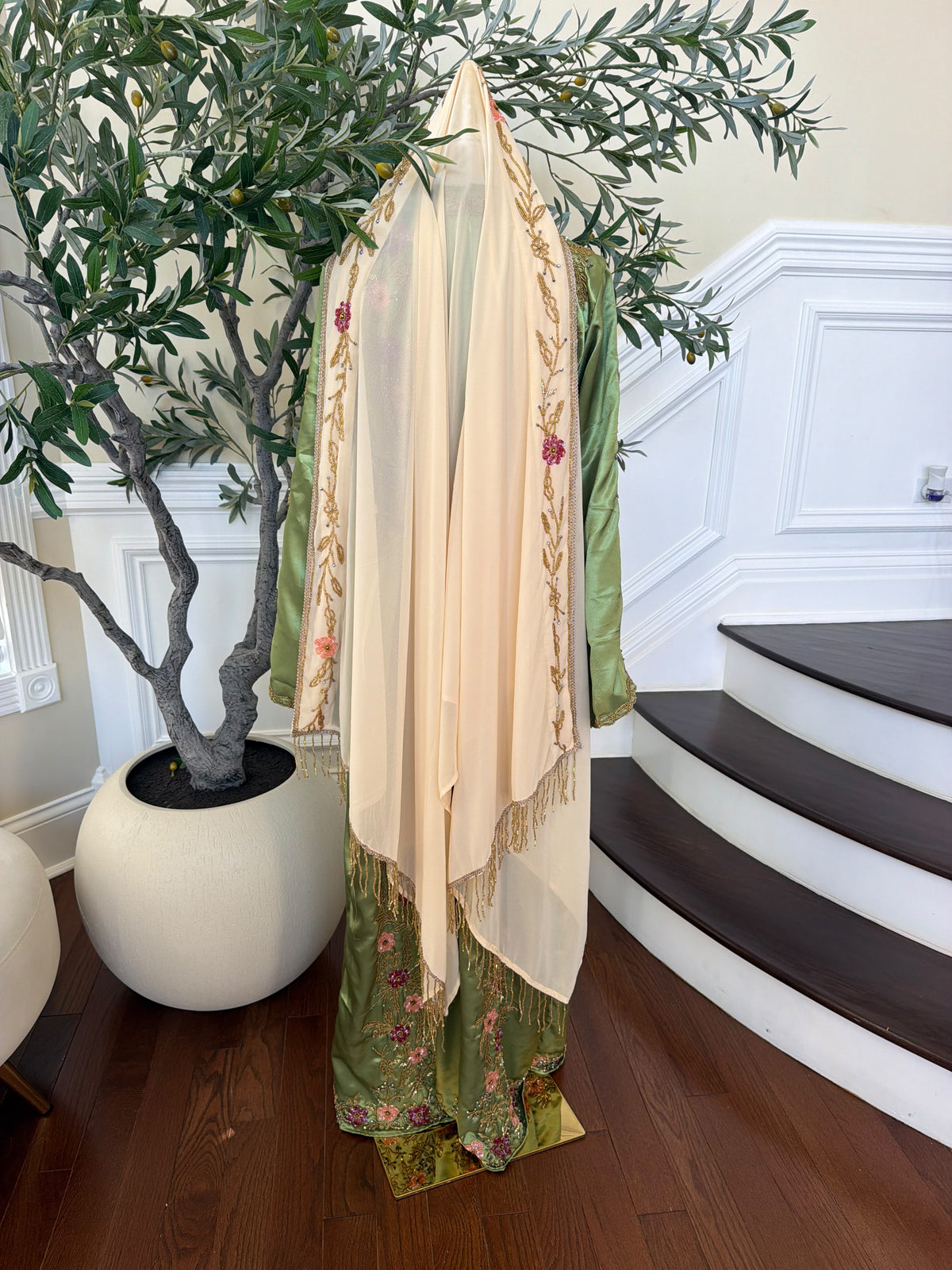 Elegant Cream Scarf with Pink Floral Beadwork, Gold Embroidery, and Gold Beaded Fringe