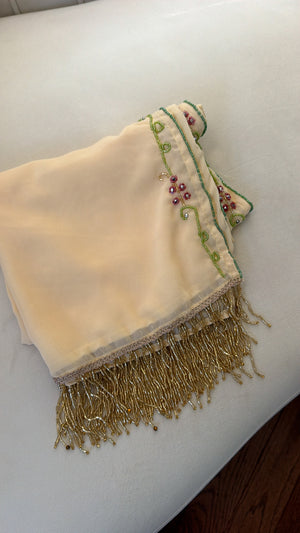 Elegant Cream Scarf with Green Vine Embroidery, Pink Beaded Floral Accents, and Gold Beaded Fringe