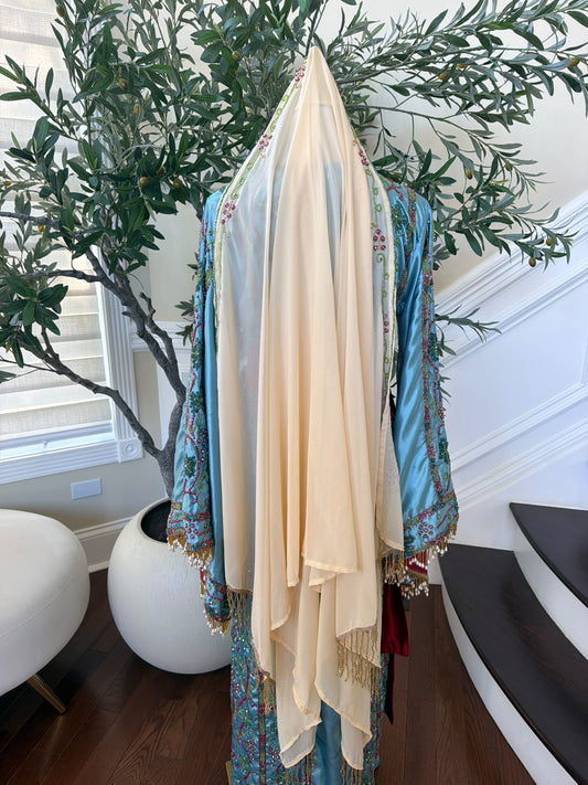 Elegant Cream Scarf with Green Vine Embroidery, Pink Beaded Floral Accents, and Gold Beaded Fringe