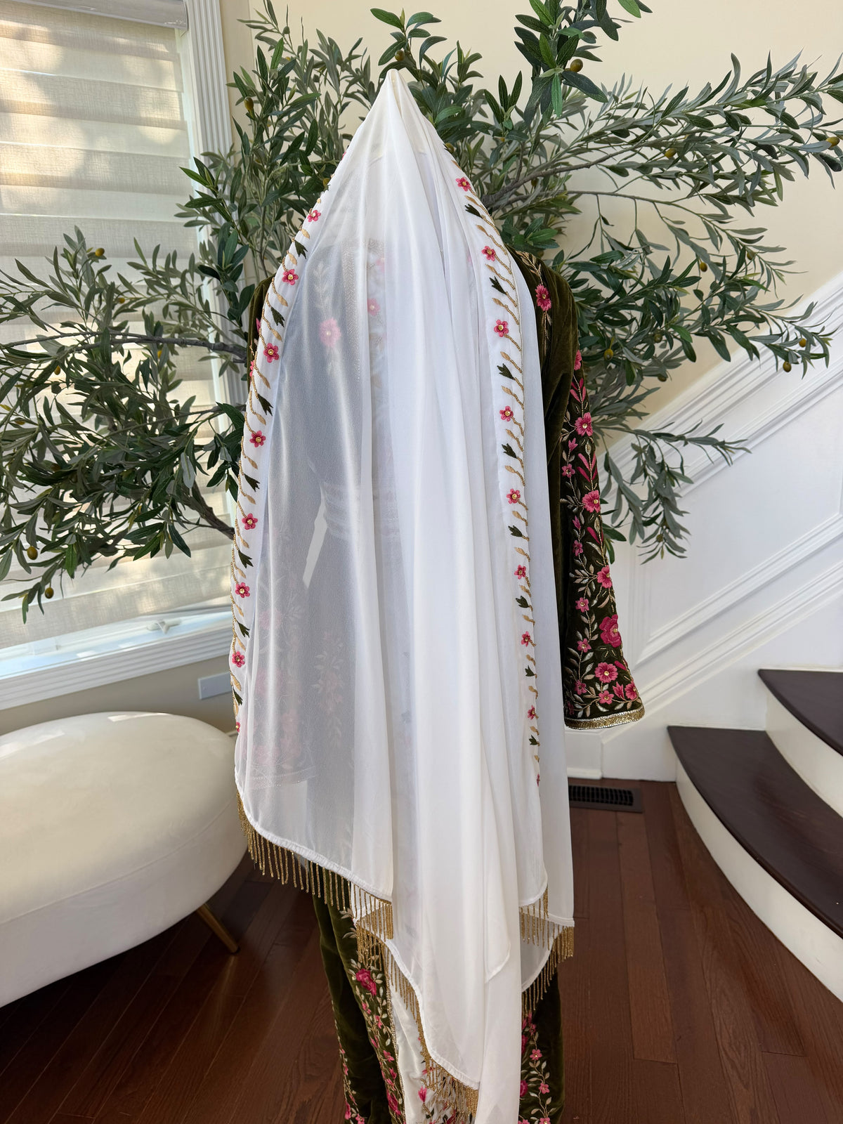 Elegant White Scarf with Pink Floral Embroidery and Gold Beaded Fringe