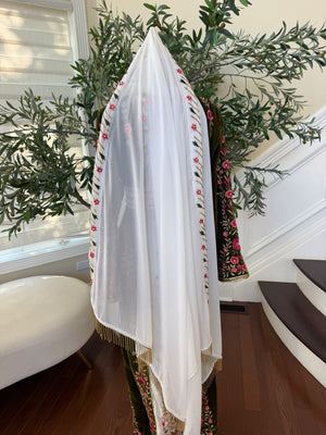 Elegant White Scarf with Pink Floral Embroidery and Gold Beaded Fringe
