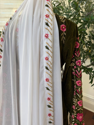 Elegant White Scarf with Pink Floral Embroidery and Gold Beaded Fringe