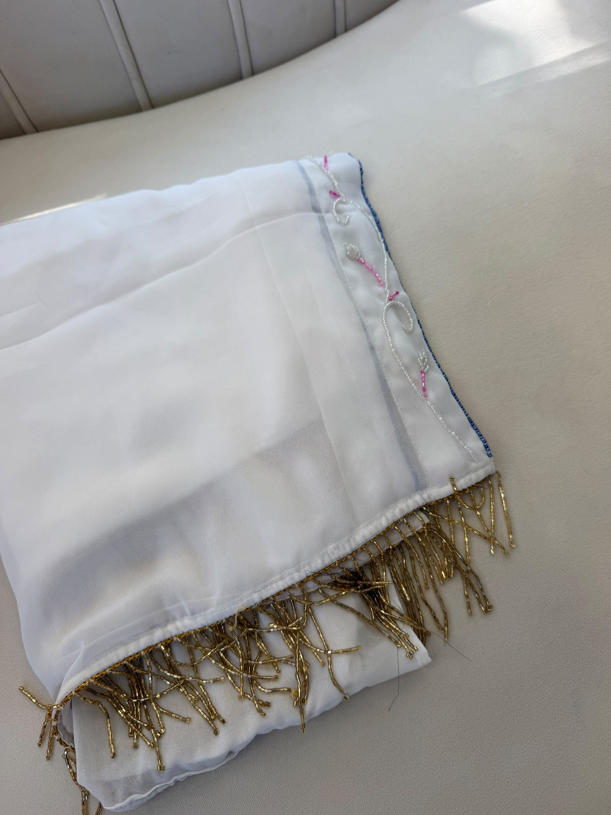 Elegant White Scarf with Delicate Pink and Silver Embroidery and Gold Beaded Fringe