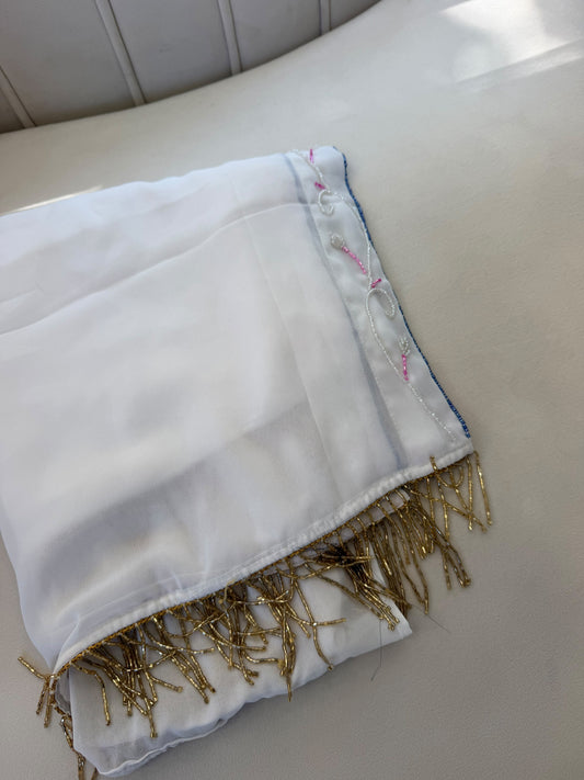 Elegant White Scarf with Delicate Pink and Silver Embroidery and Gold Beaded Fringe