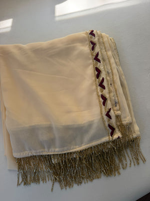 Elegant Cream Palestinian Embroidered Scarf with Burgundy Accents and Gold Fringe