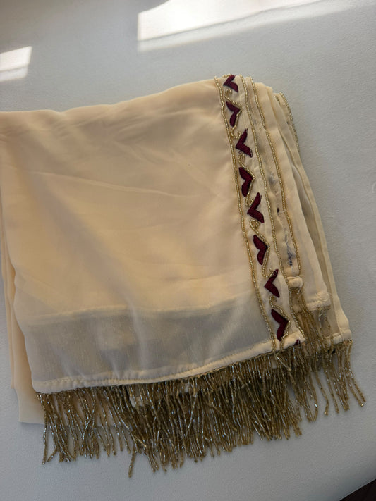 Elegant Cream Palestinian Embroidered Scarf with Burgundy Accents and Gold Fringe