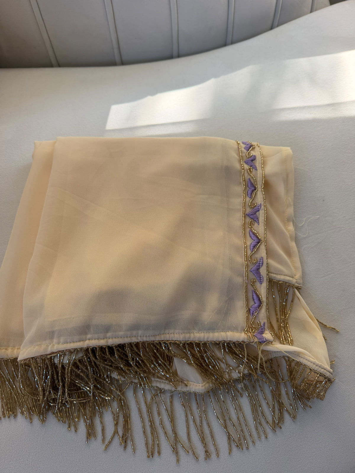 Elegant Cream Palestinian Embroidered Scarf with Lavender Accents and Gold Fringe