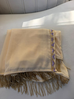 Elegant Cream Palestinian Embroidered Scarf with Lavender Accents and Gold Fringe