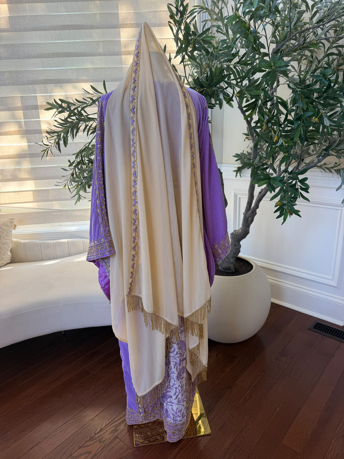 Elegant Cream Palestinian Embroidered Scarf with Lavender Accents and Gold Fringe