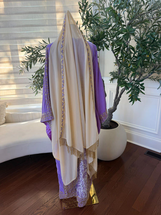 Elegant Cream Palestinian Embroidered Scarf with Lavender Accents and Gold Fringe