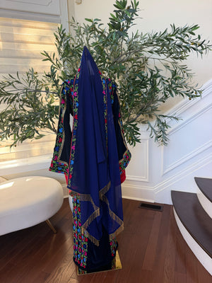 Elegant Royal Blue Floral Embroidered Scarf with Gold Fringe Detailing