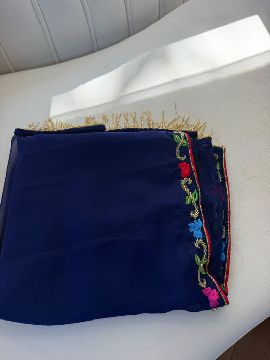 Elegant Royal Blue Floral Embroidered Scarf with Gold Fringe Detailing