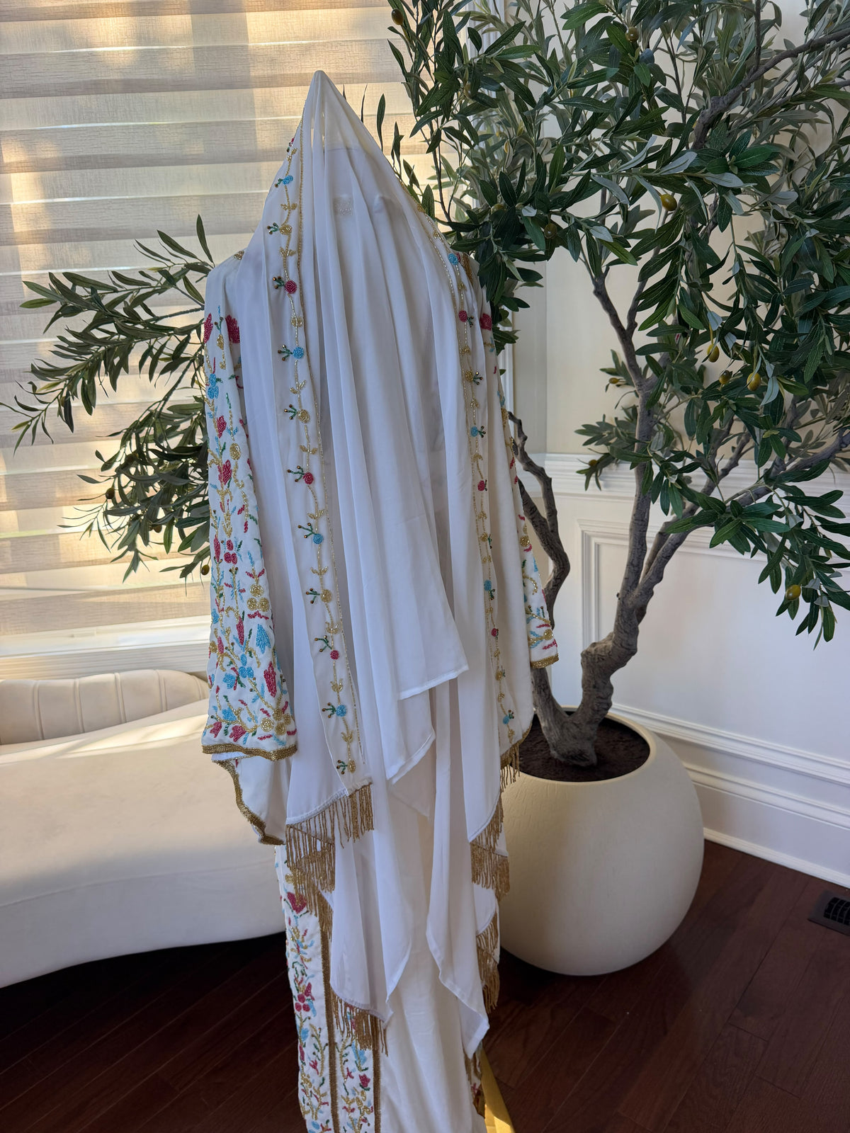 Elegant White Floral Beaded Scarf with Gold Fringe Detailing