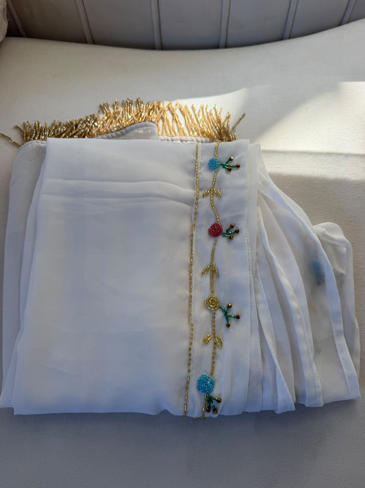Elegant White Floral Beaded Scarf with Gold Fringe Detailing