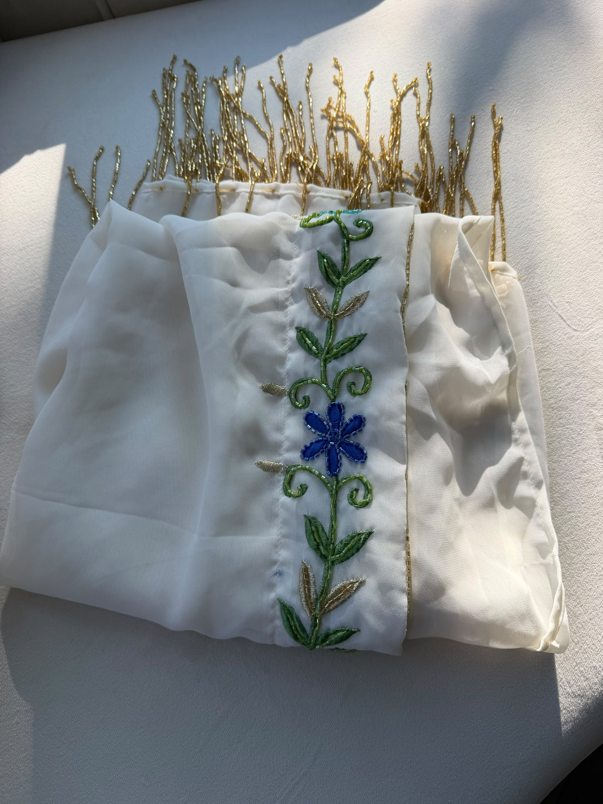 Elegant White Floral Embroidered Palestinian Scarf with Gold Fringe