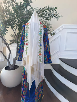 Elegant White Floral Embroidered Palestinian Scarf with Gold Fringe