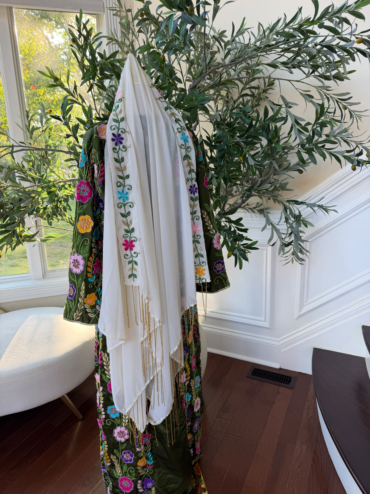 White Palestinian Scarf with Colorful Floral Embroidery and Gold Fringe