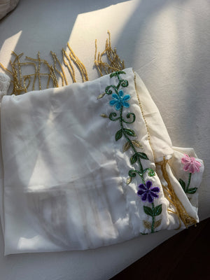 White Palestinian Scarf with Colorful Floral Embroidery and Gold Fringe